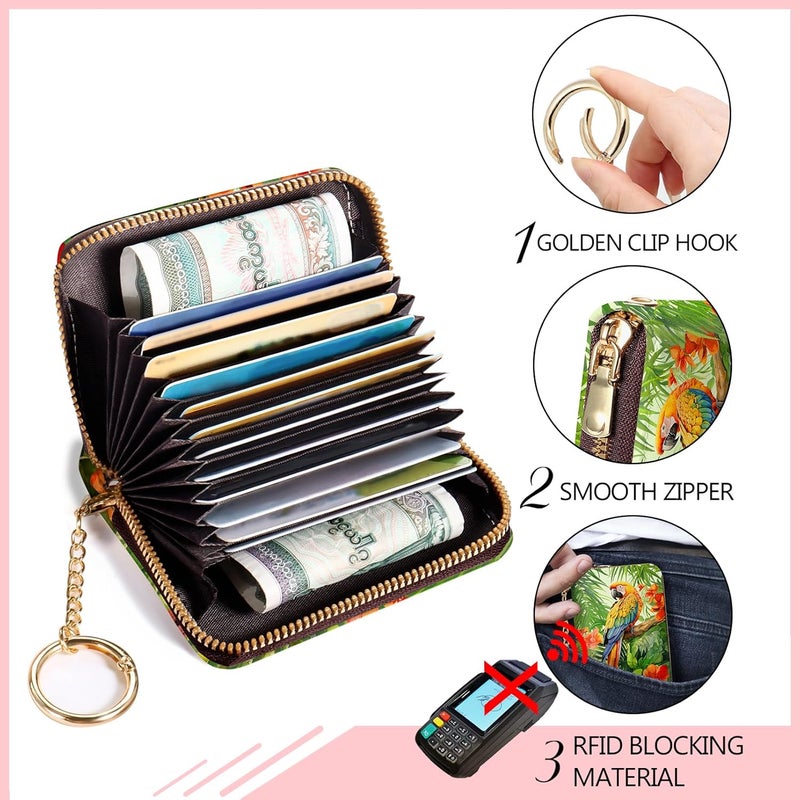 Blusabaca Credit Card Holder for Women, Parrot Bird Small RFID Wallet with Zipper, Card Keychain Wallet, Leather Wallet Card Case, Business RFID Blocking Accordion Purse Wallet Gift - Image 5